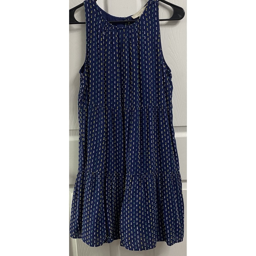 LOFT Womens Tiered A-line Sundress Blue/Yellow Casual Swing Dress M Petite Lined
